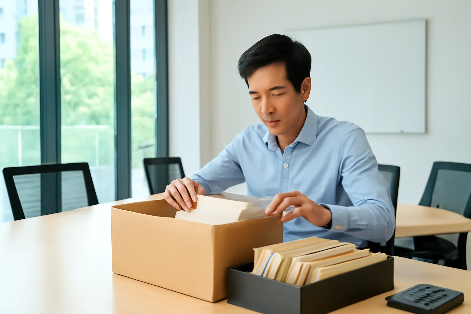 Kế toán mới mở từng thùng hồ sơ cũ để kiểm lại chứng từ tồn đọng trong phòng làm việc