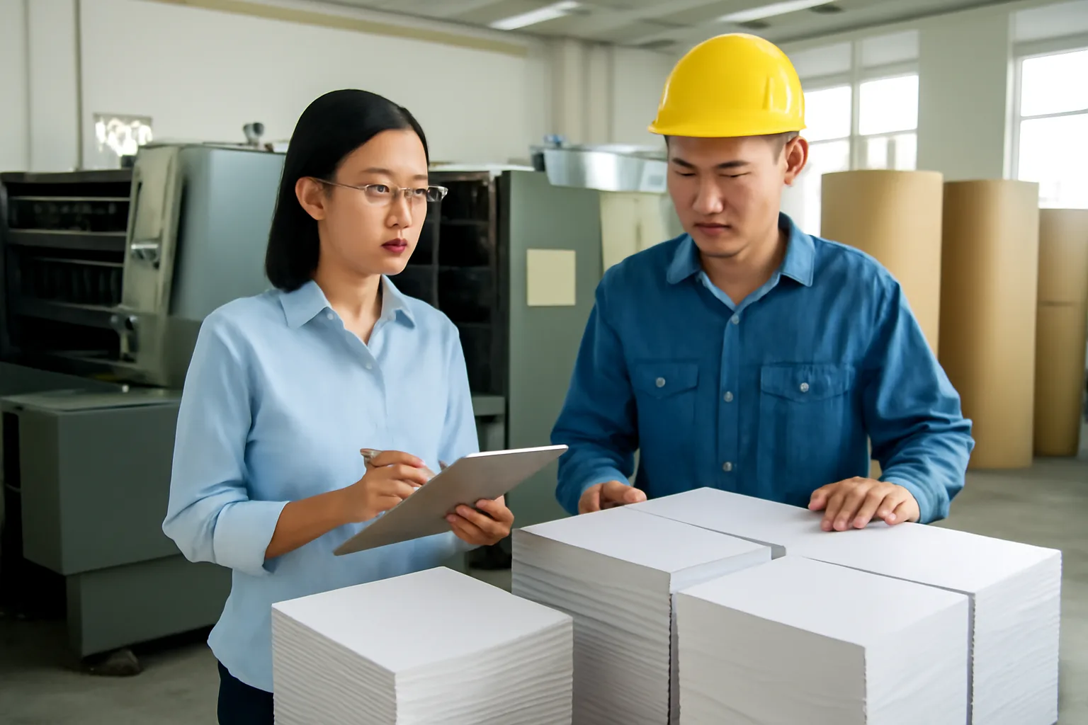 Kế toán xưởng in kiểm lô hộp giấy thành phẩm cùng quản đốc bên máy in