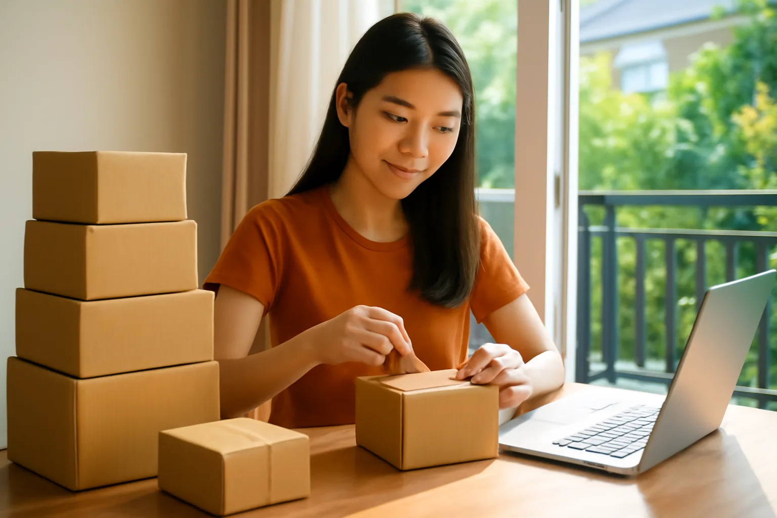 Chủ hộ bán hàng online đóng gói đơn hàng bên cạnh máy tính xách tay trong phòng làm việc tại nhà