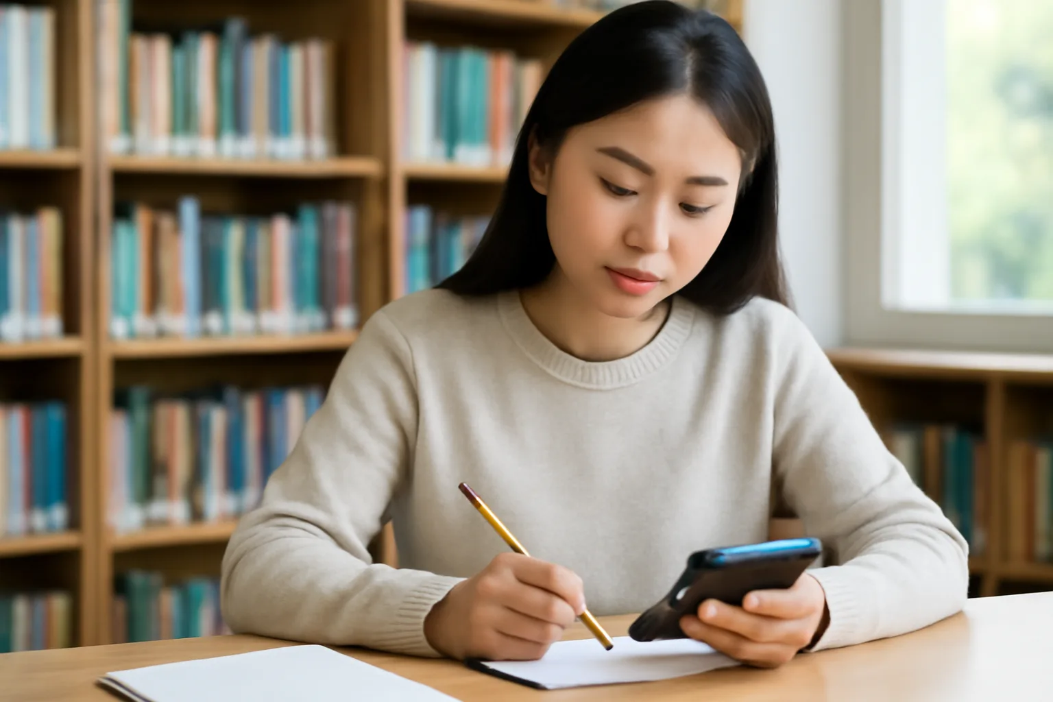 Người học thuế luyện tính bằng máy tính bỏ túi bên xấp hoá đơn trên bàn học