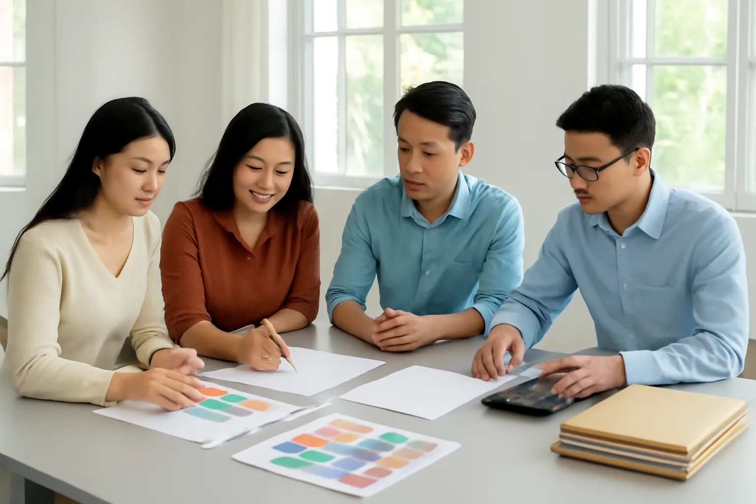 Nhóm thiết kế nhỏ bên bàn dài với bản phác thảo trắng, máy tính bỏ túi và xấp hồ sơ năm