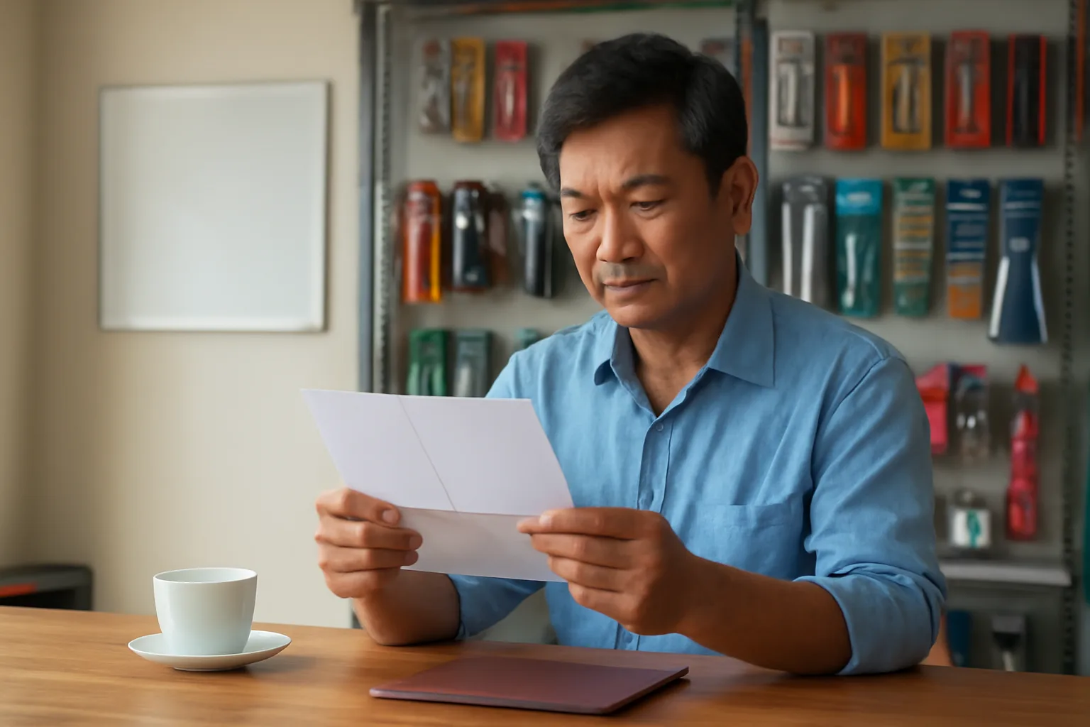 Chủ cửa hàng nhỏ đọc kỹ một lá thư vừa nhận bên quầy, cạnh cốc trà và cặp tài liệu