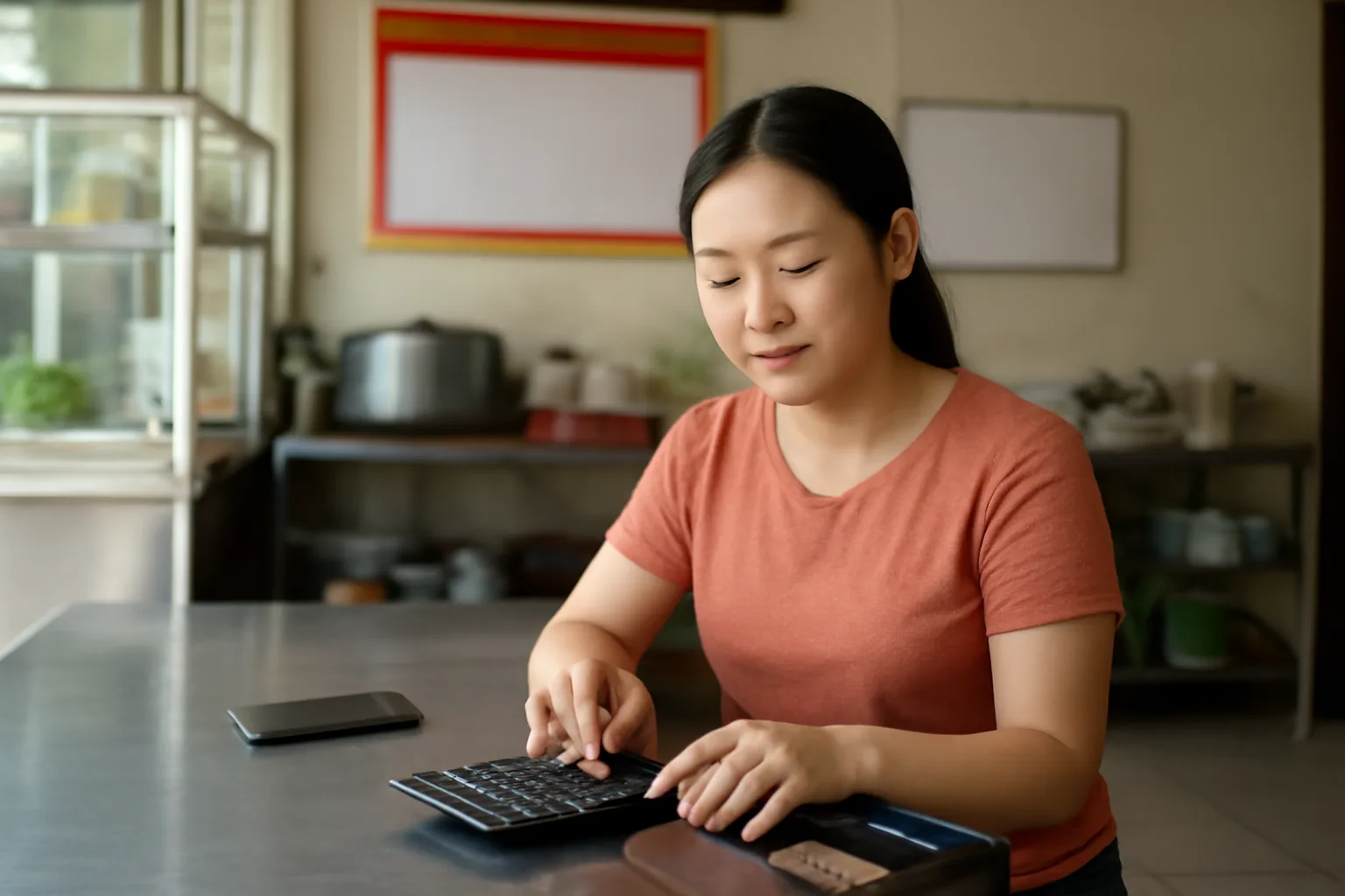 Chủ quán ăn nhỏ ngồi cộng sổ cuối tháng bên máy tính bỏ túi và điện thoại úp mặt
