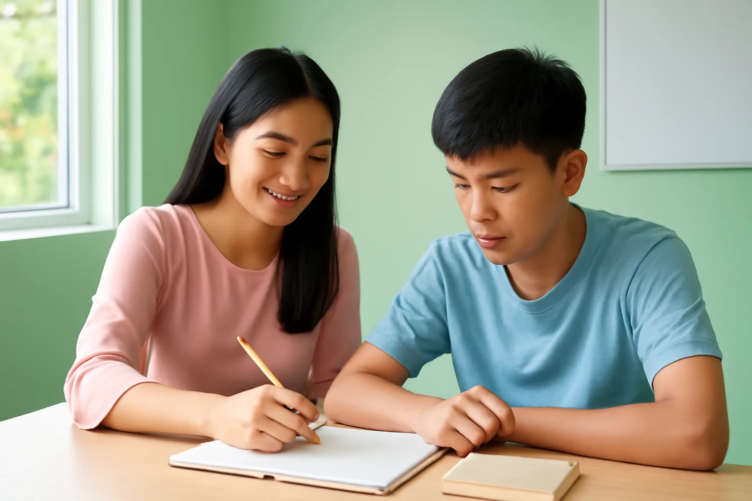 Gia sư ngồi bên bàn học cùng học sinh, cạnh đó là cuốn sổ ghi buổi dạy và điện thoại úp