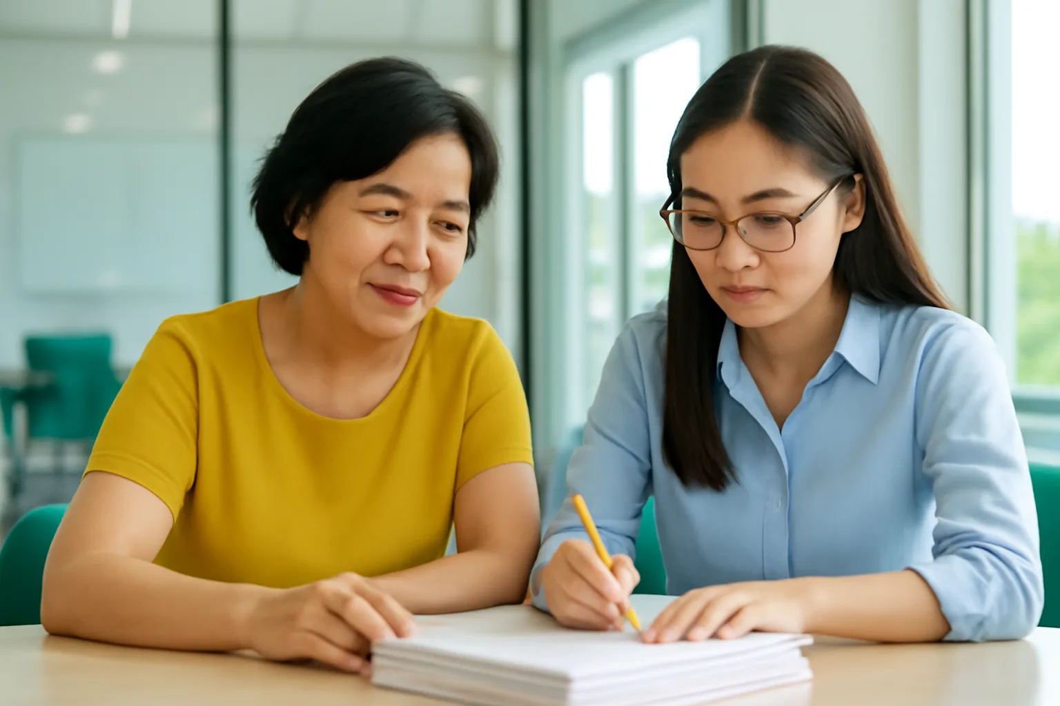 Chủ doanh nghiệp nhỏ và kế toán cùng dò từng dòng trên xấp hồ sơ quyết toán