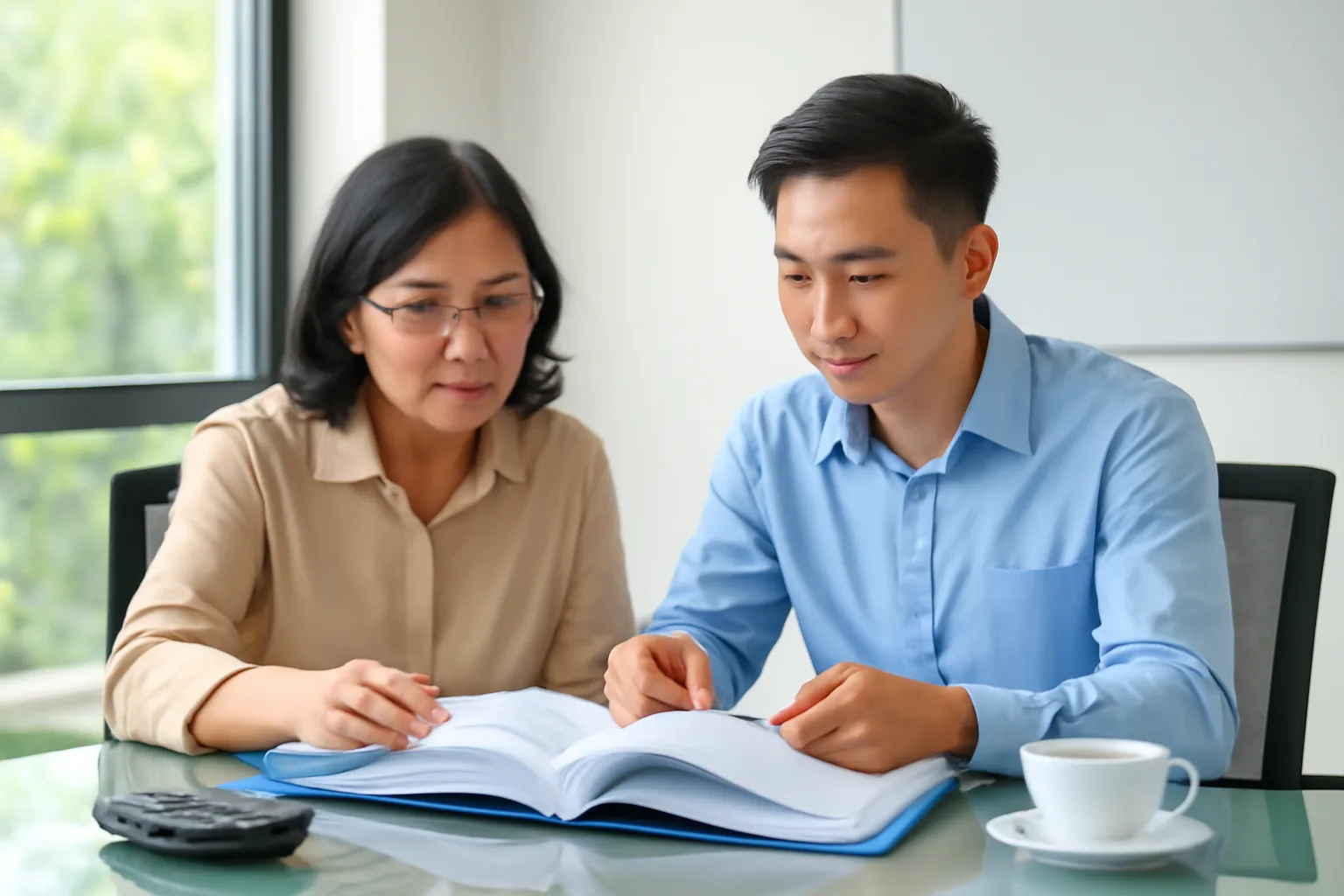 Kế toán trưởng và nhân viên xem lại xấp hồ sơ quyết toán bên bàn họp buổi chiều