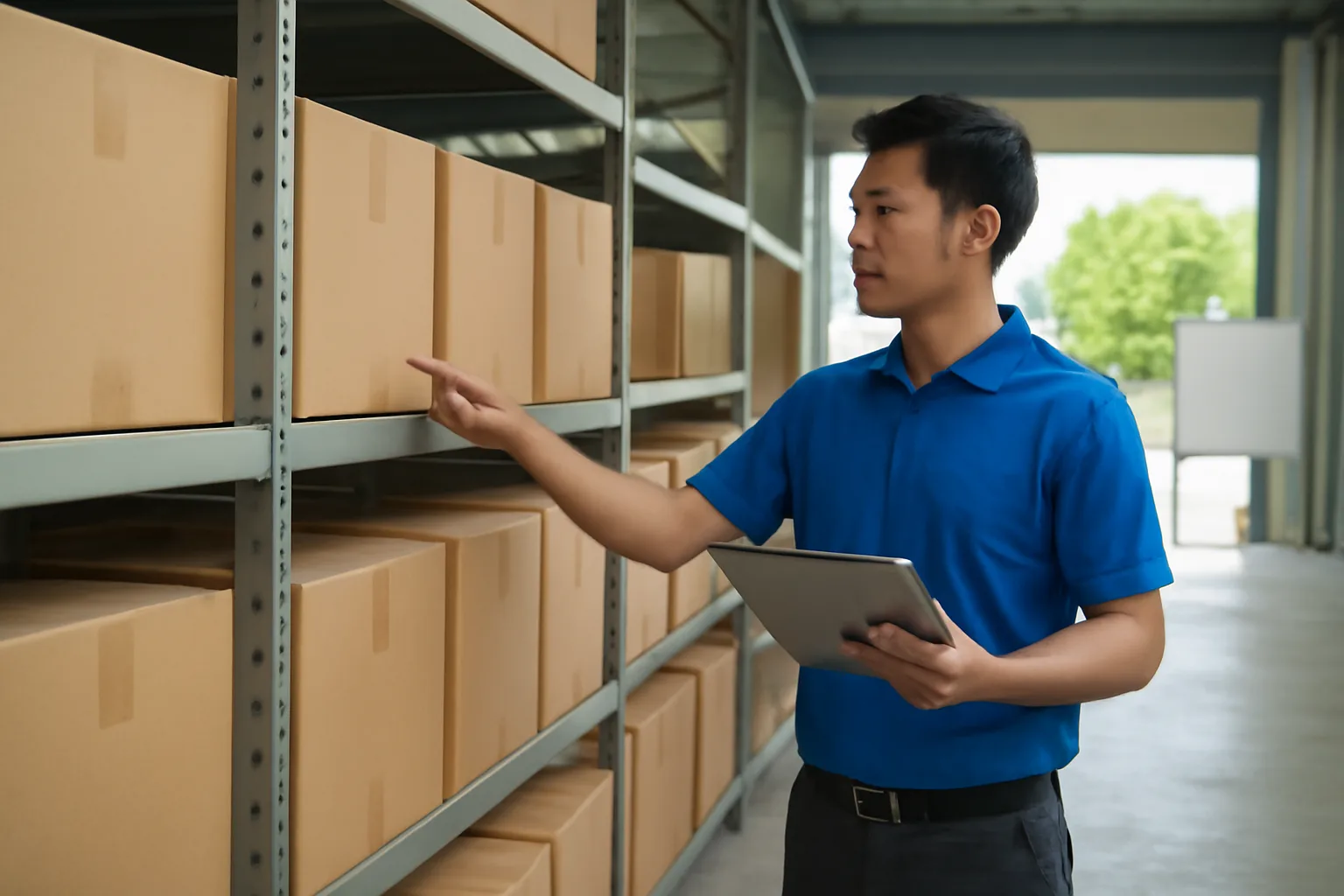 Nhân viên kho đếm thùng hàng gia dụng trên giá kệ trước khi giao cho đại lý