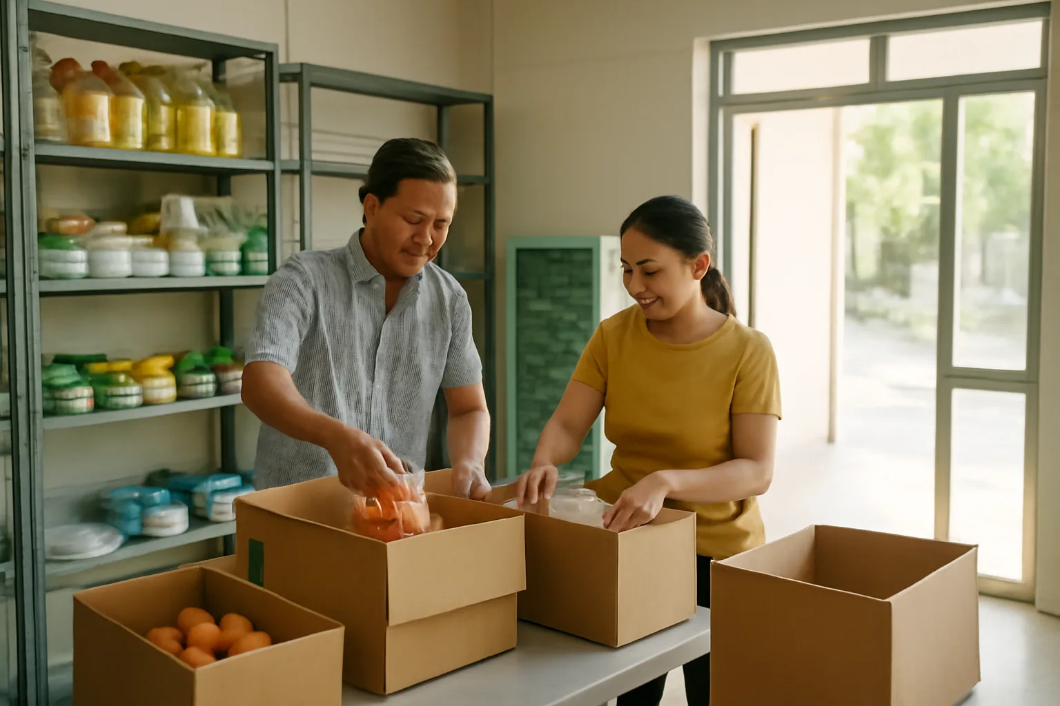 Hai vợ chồng chủ tiệm tạp hoá đóng thùng hàng tồn trước ngày nghỉ bán