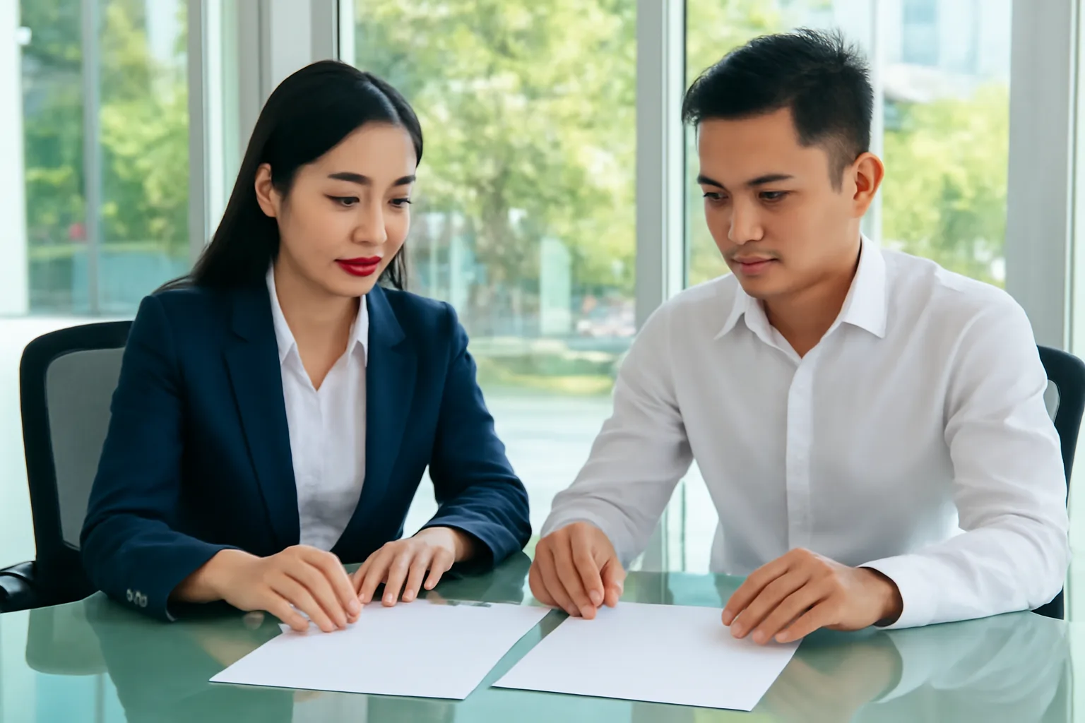 Hai nhân viên kế toán so hai tờ hoá đơn đặt cạnh nhau trên bàn họp kính