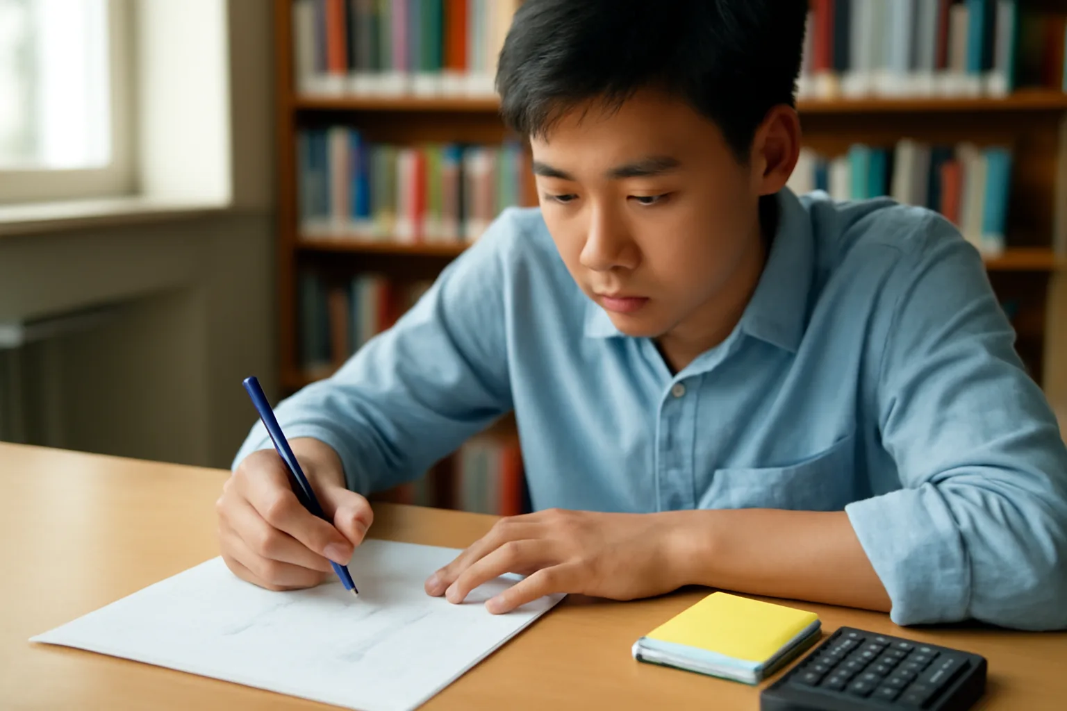 Người ôn thi vẽ sơ đồ tài khoản chữ T trên giấy kẻ ô bên máy tính bỏ túi