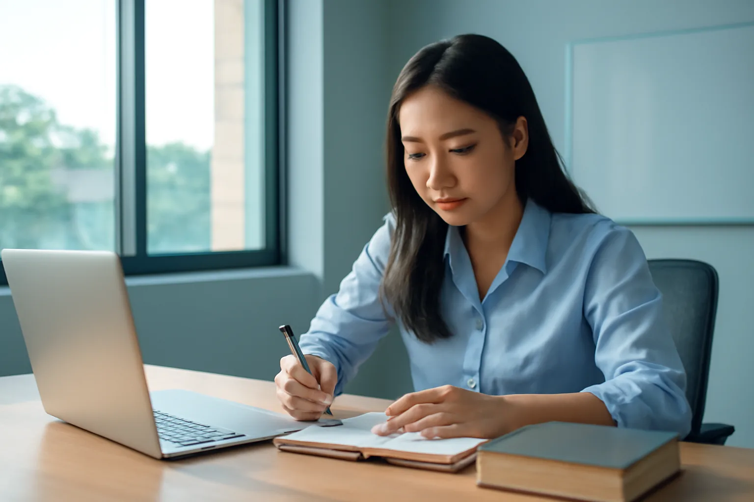 Kế toán trẻ ghi chép câu hỏi ôn thi vào sổ tay sau giờ làm tại bàn làm việc