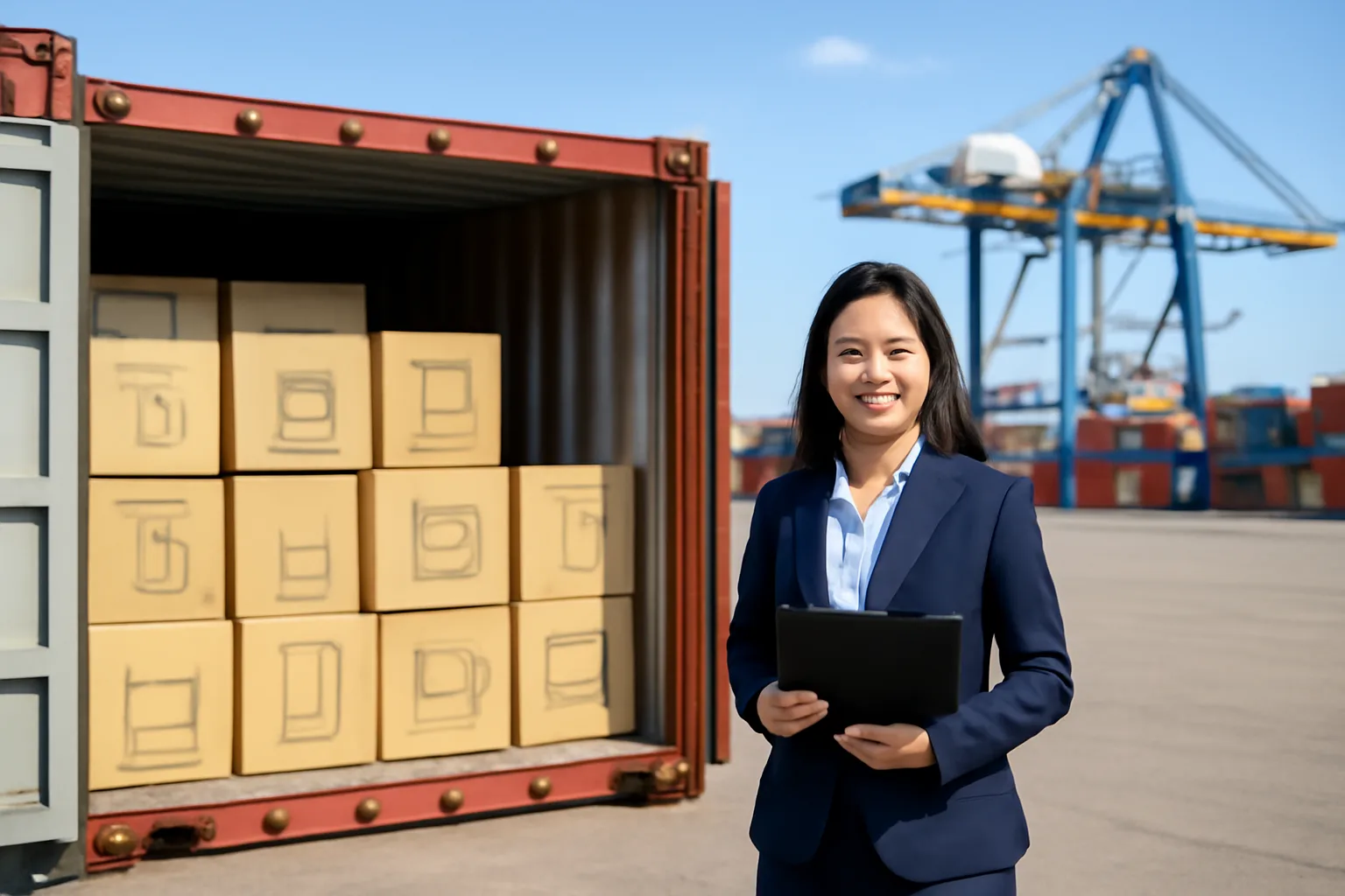 Nữ kế toán công ty nhập khẩu đối chiếu hồ sơ lô hàng bên cạnh container tại bãi cảng