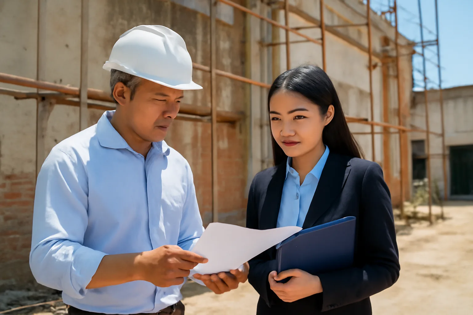 Kế toán công ty xây dựng và kỹ sư công trình cùng xem hồ sơ nghiệm thu tại công trường