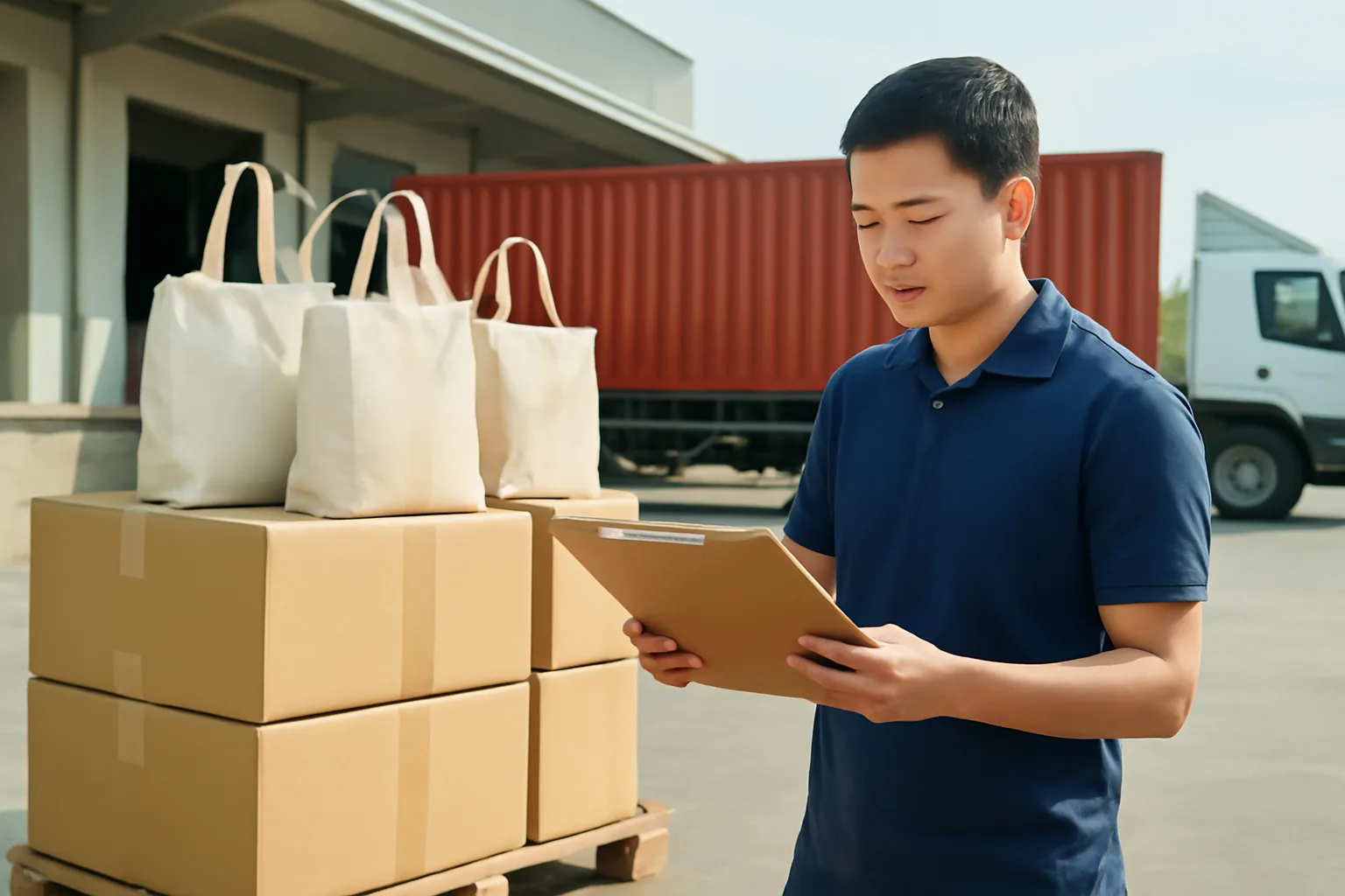 Kế toán công ty may túi xách xuất khẩu kiểm bộ chứng từ bên cạnh các thùng hàng đã đóng gói