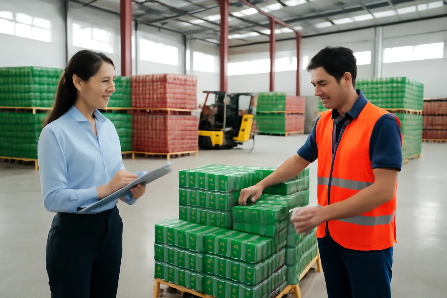 Kế toán kho kiểm đếm thùng hàng nước giải khát cùng thủ kho trong nhà kho