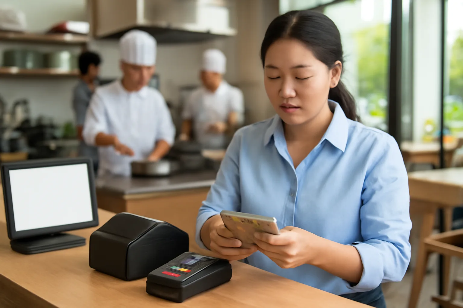 Kế toán nhà hàng kiểm lại tiền và phiếu thu cuối ca bên quầy thu ngân