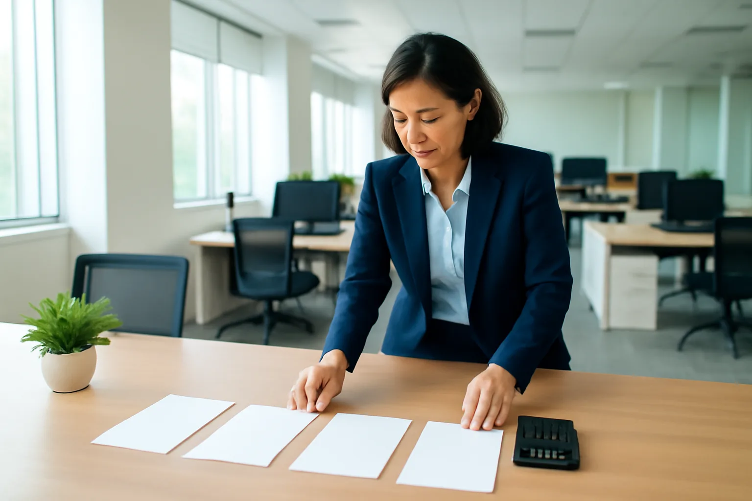 Nhân viên hành chính sắp xếp phong bì lương và bảng chấm công trên bàn văn phòng