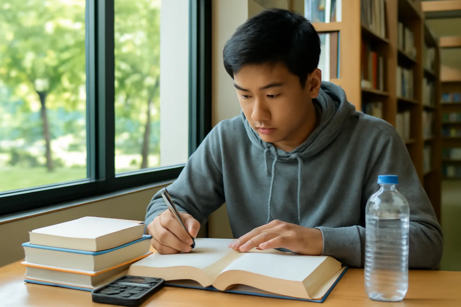 Người trẻ tự học kế toán bên bàn gỗ với sách luật dày, bút dạ quang và sổ tay