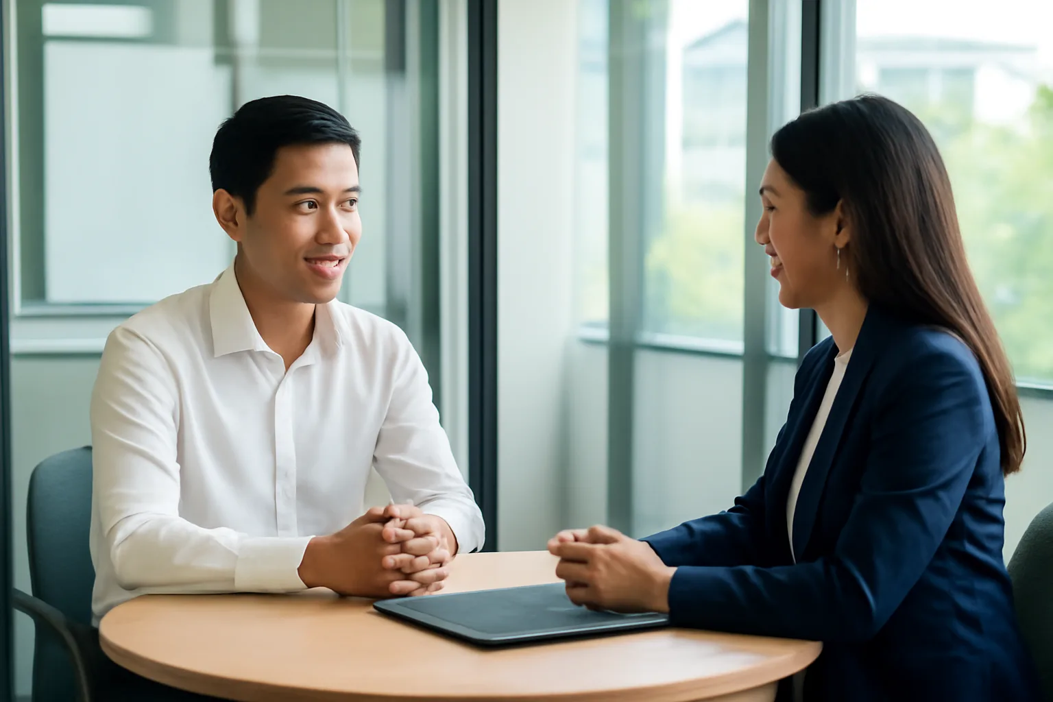 Ứng viên và người phụ trách tuyển dụng trao đổi bên bàn tròn trong phòng họp nhỏ