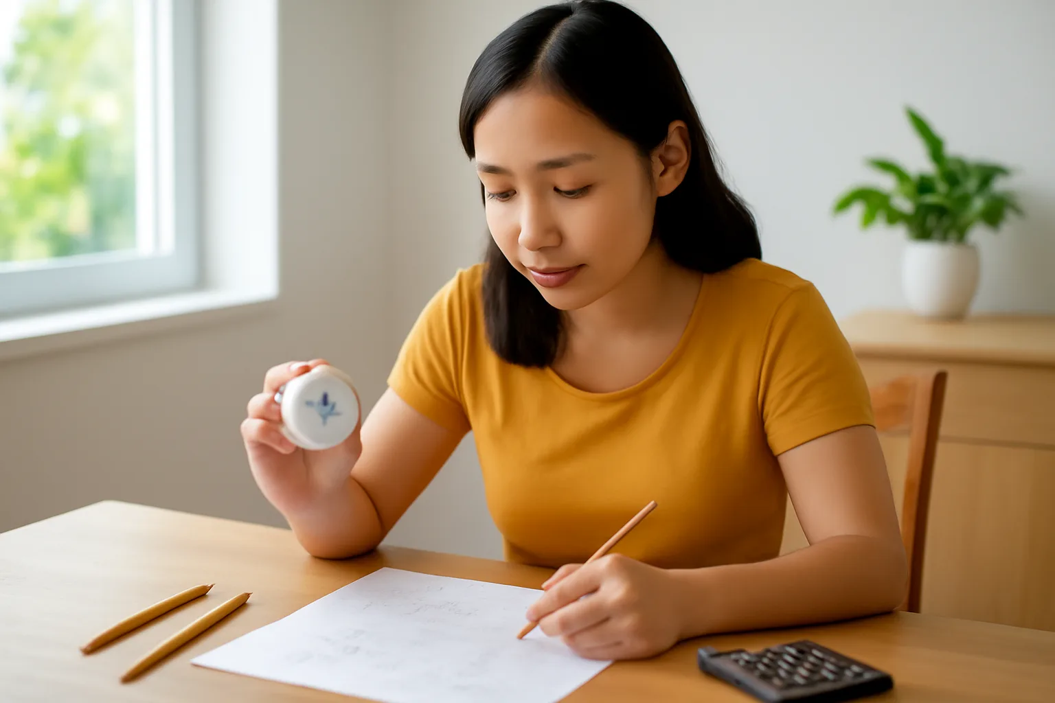 Người ôn thi làm bài tính trên giấy nháp với máy tính bỏ túi và đồng hồ bấm giờ