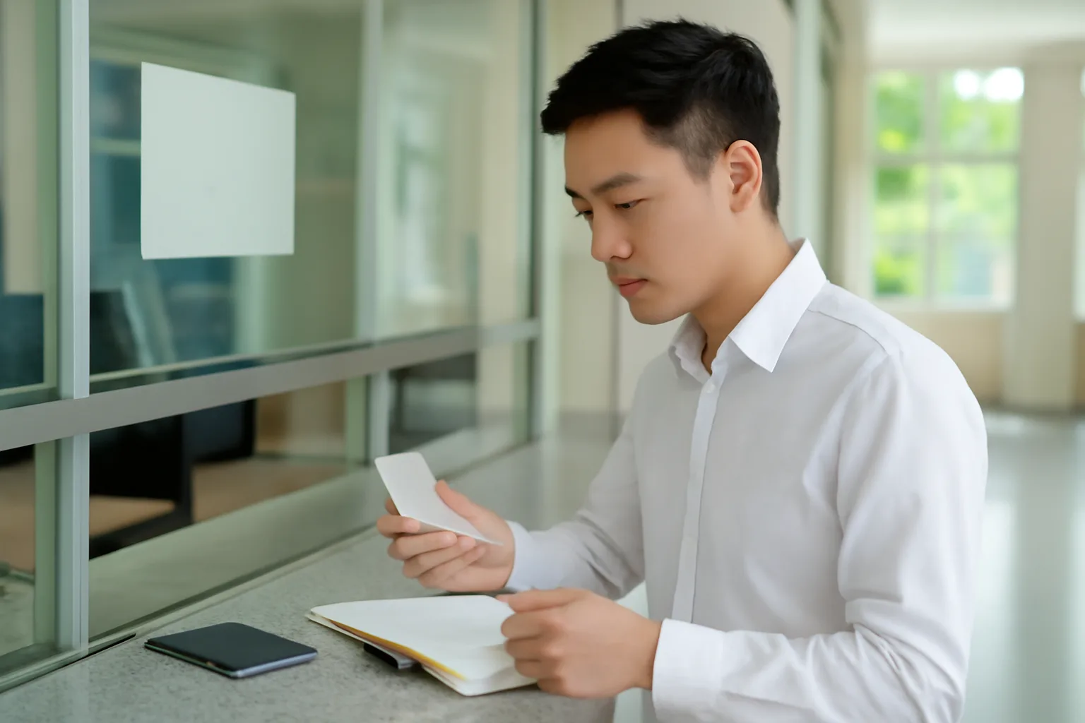 Nhân viên kế toán trẻ đối chiếu chứng từ nộp tiền với sổ tay tại quầy giao dịch
