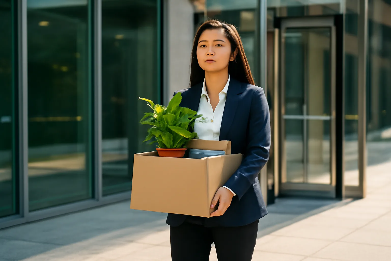 Nhân viên văn phòng ôm thùng đồ cá nhân rời công ty cũ vào buổi chiều