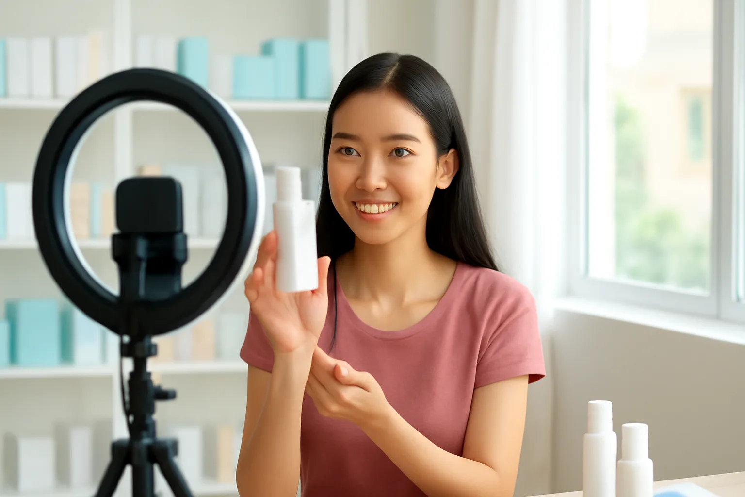 Người bán hàng trực tuyến đứng trước giá điện thoại, bên kệ mỹ phẩm trong phòng làm việc tại nhà