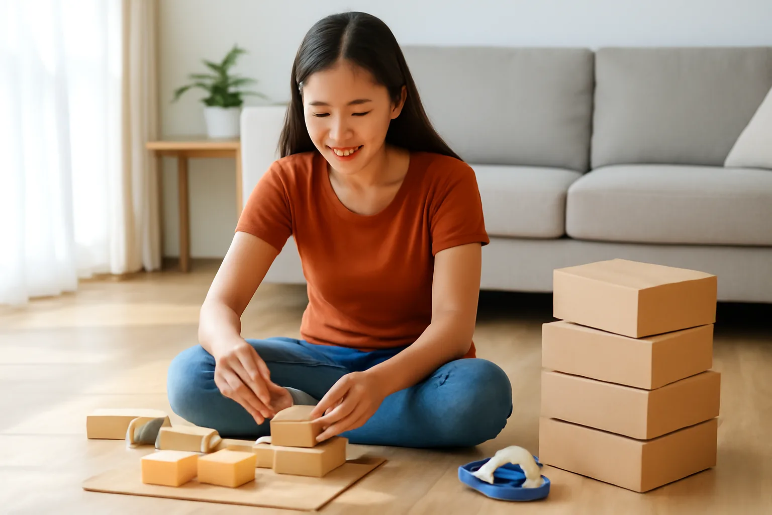 Người bán hàng online đóng gói đơn hàng tại nhà để gửi cho khách