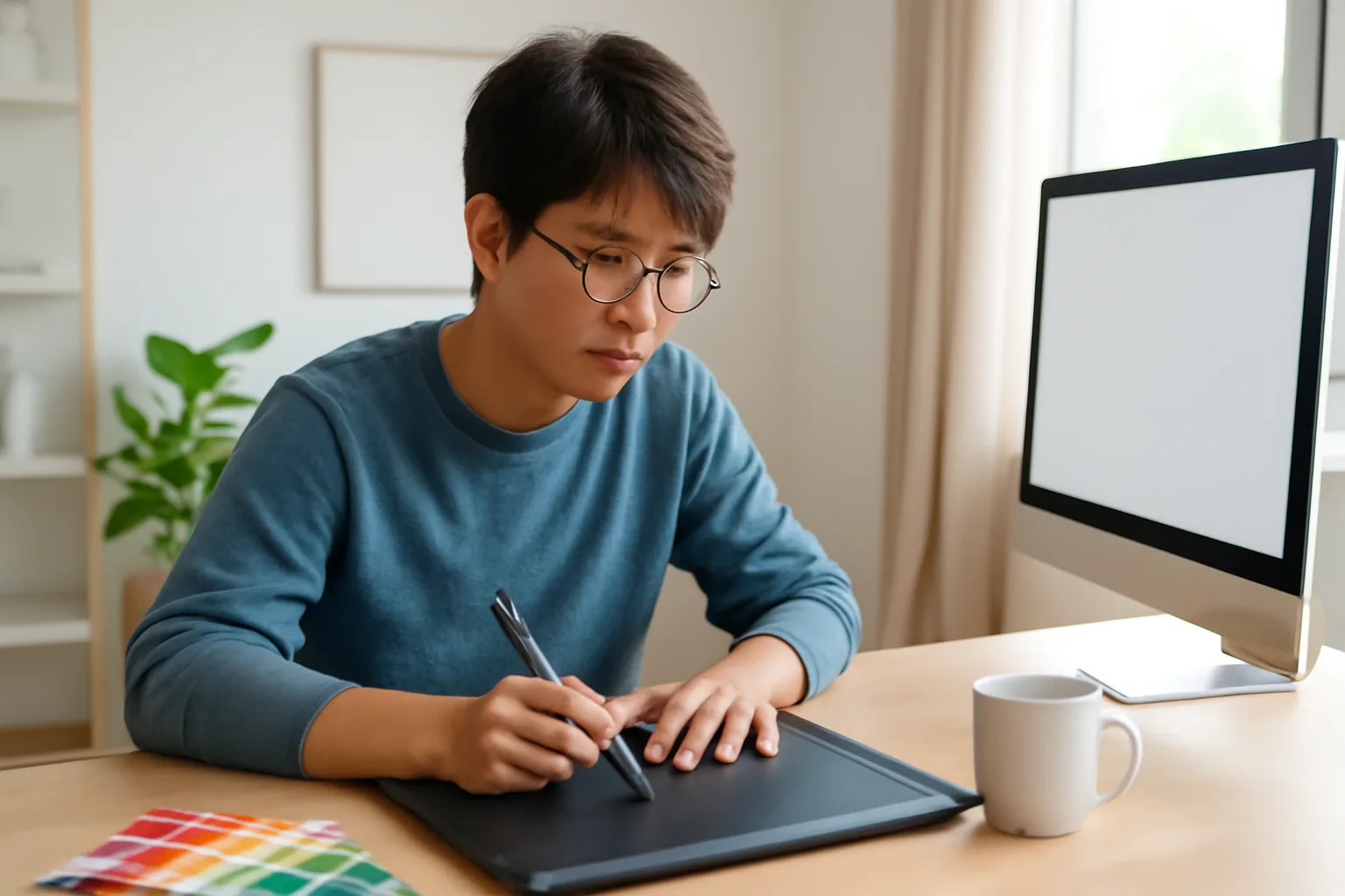 Nhà thiết kế đồ hoạ trẻ làm việc với bảng vẽ điện tử tại góc làm việc trong căn hộ