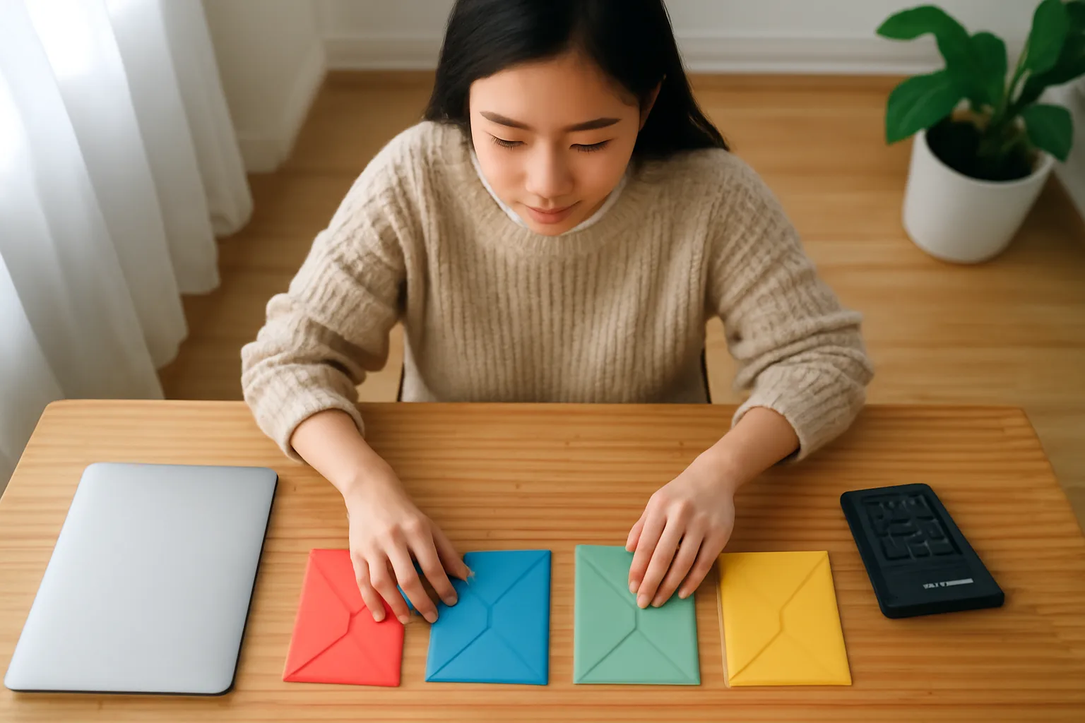 Người làm tự do xếp các phong bì chứng từ theo từng công ty trên bàn làm việc ở nhà