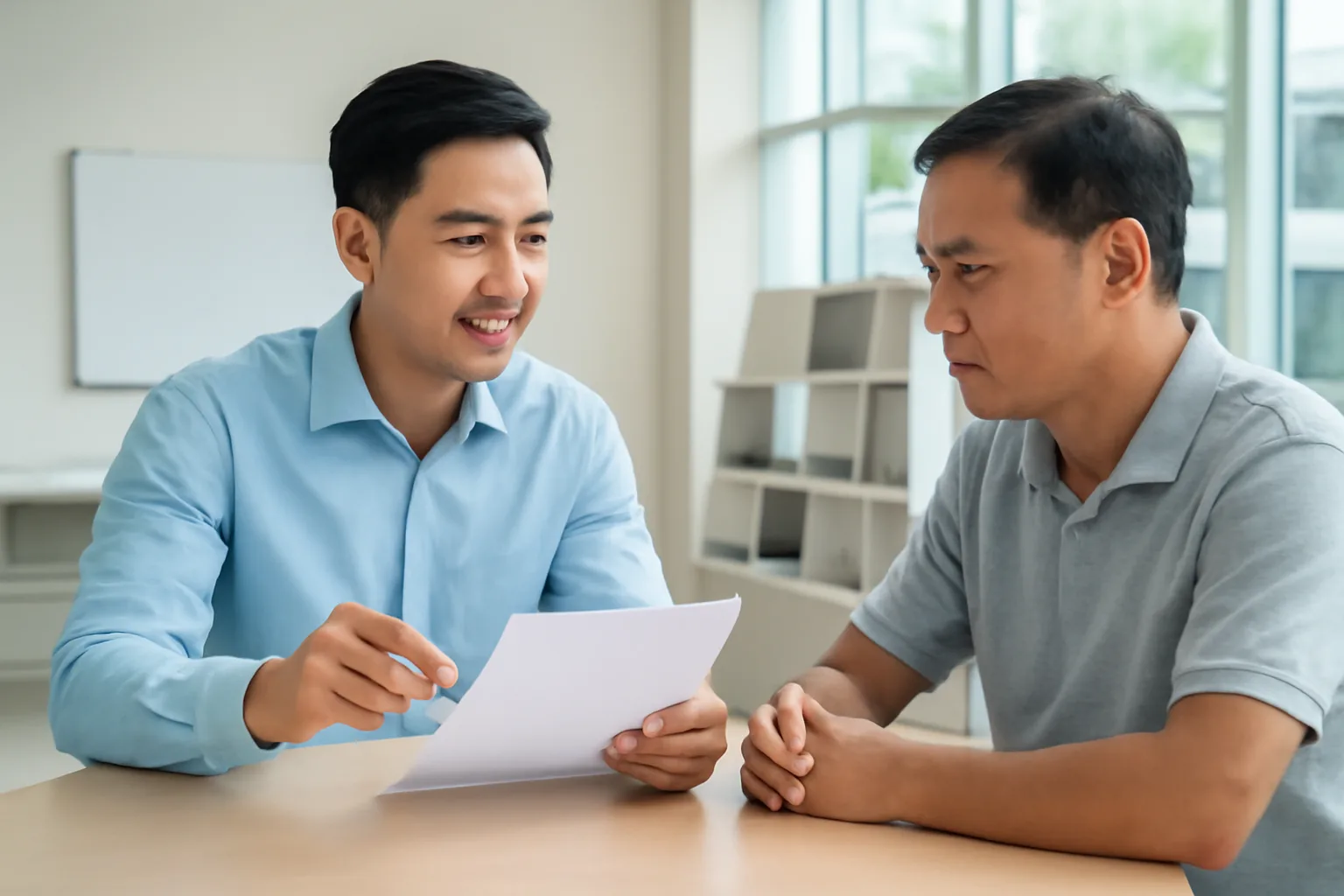 Nhân viên kinh doanh trẻ trao đổi báo giá với khách hàng tại bàn họp nhỏ