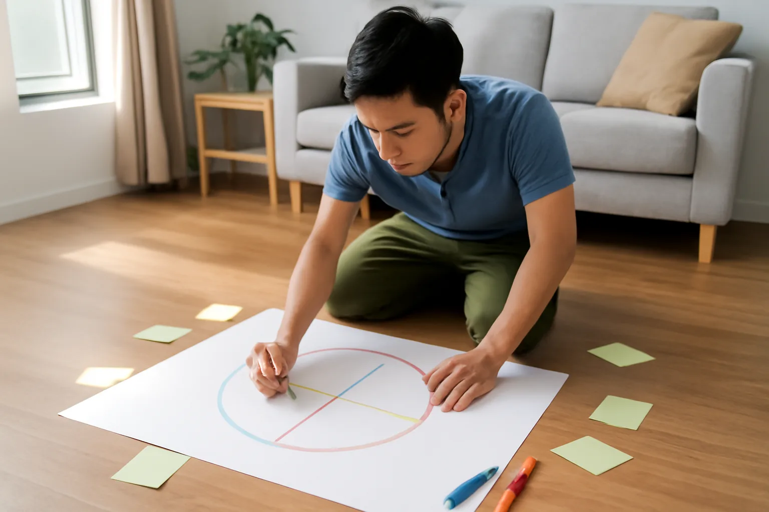 Người ôn thi vẽ sơ đồ vòng tròn nhiều trạm lên tờ giấy khổ lớn trải trên sàn nhà