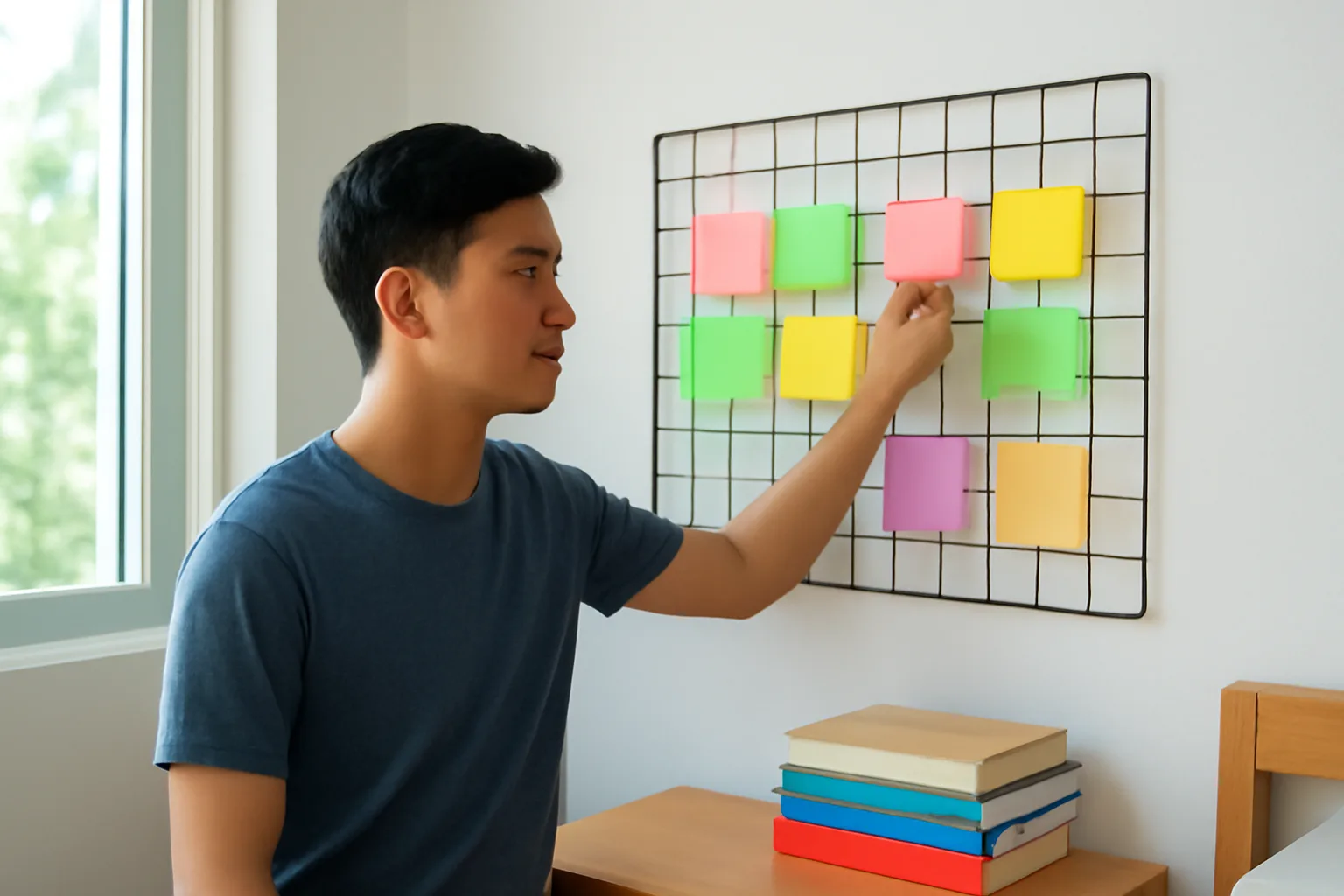 Người ôn thi dán các thẻ ghi nhớ trống lên bảng kế hoạch học tập trên tường