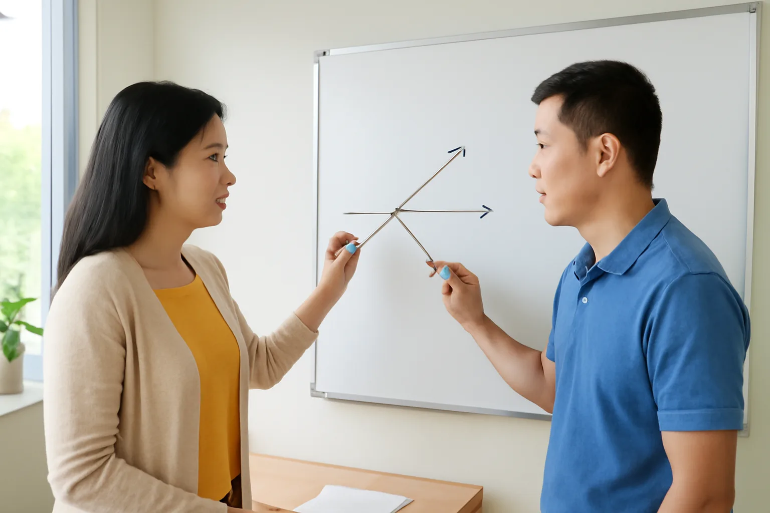 Hai người ôn thi cùng vẽ sơ đồ nhánh trên bảng trắng trong phòng học nhỏ