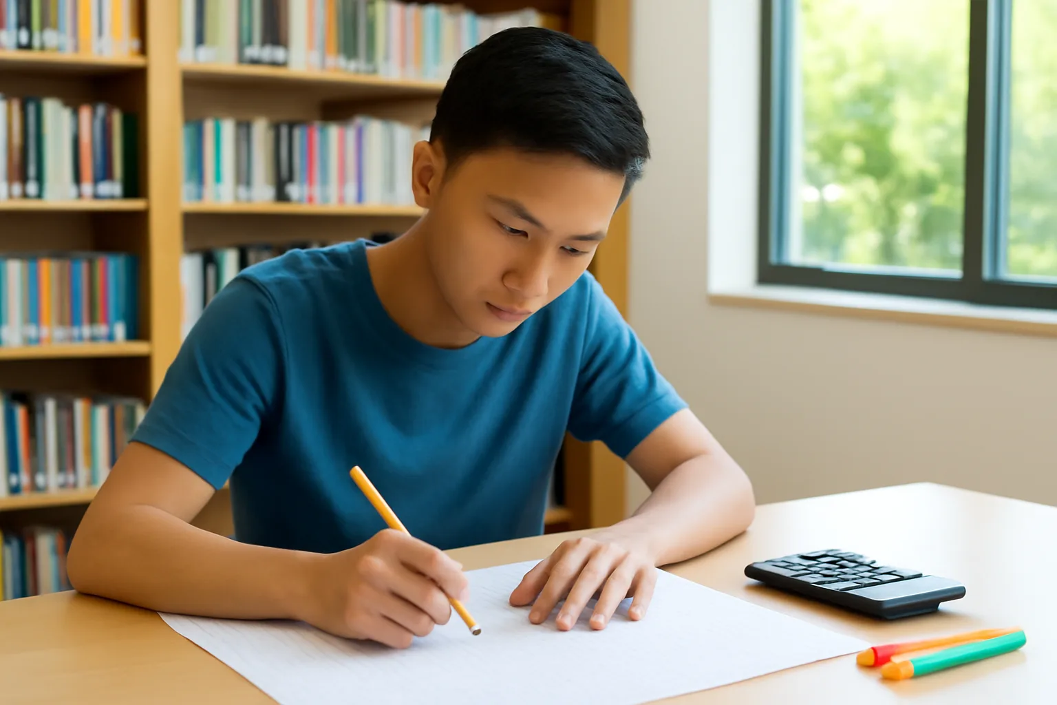 Người ôn thi đại lý thuế lập bảng lương mẫu trên giấy kẻ ô tại thư viện
