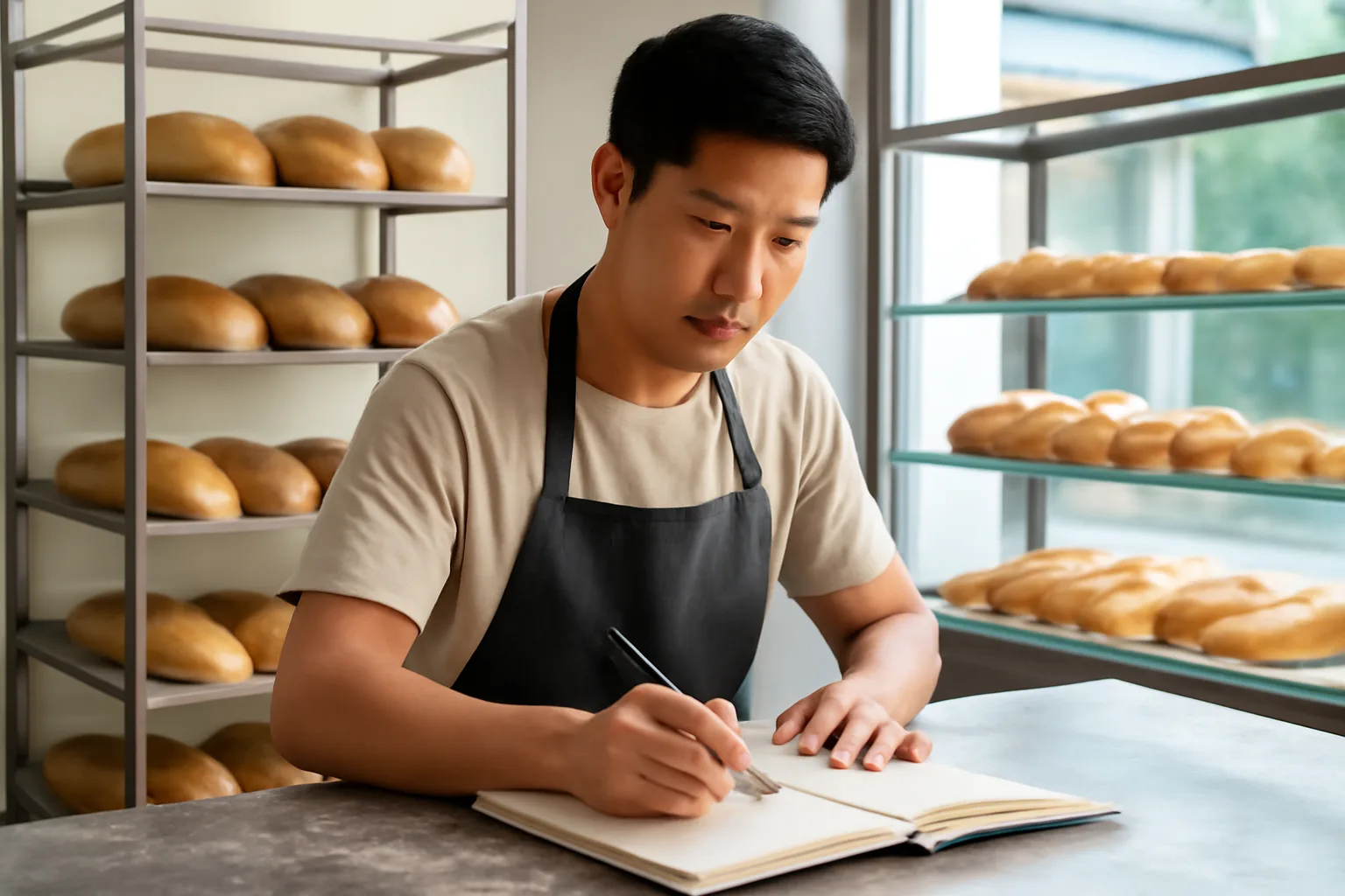 Chủ tiệm bánh ghi sổ doanh thu cuối ngày bên tủ kính trưng bày