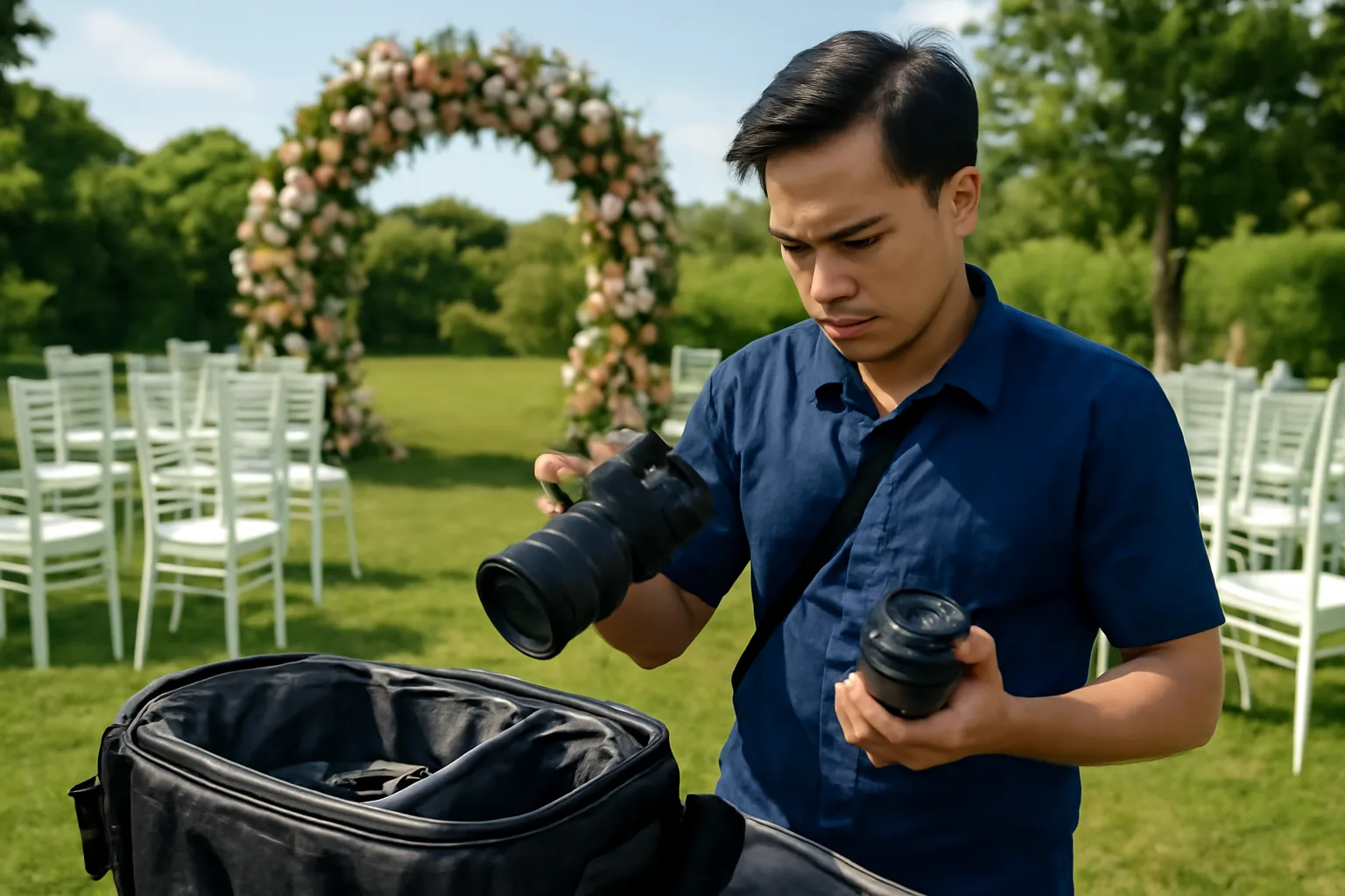 Thợ chụp ảnh tự do kiểm tra máy ảnh và ống kính trước buổi chụp tiệc cưới ngoài trời