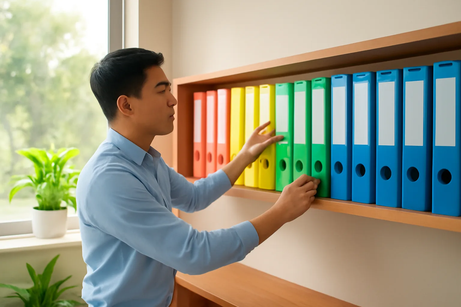 Nhân viên kế toán sắp các tập hồ sơ theo thứ tự trên kệ gỗ dài