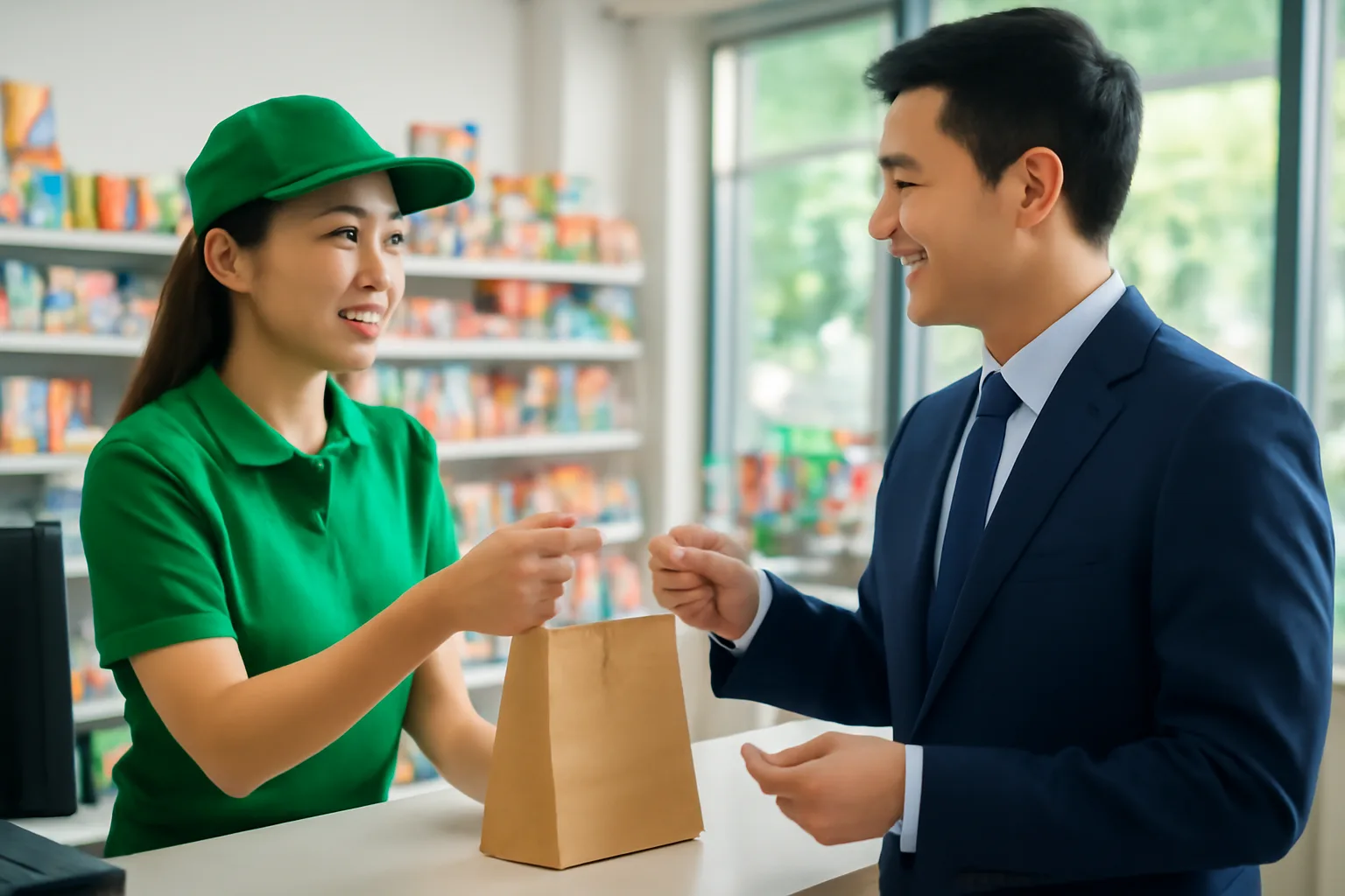 Nữ thu ngân cửa hàng tiện lợi hỏi thông tin xuất hoá đơn của khách đang cầm thẻ công ty