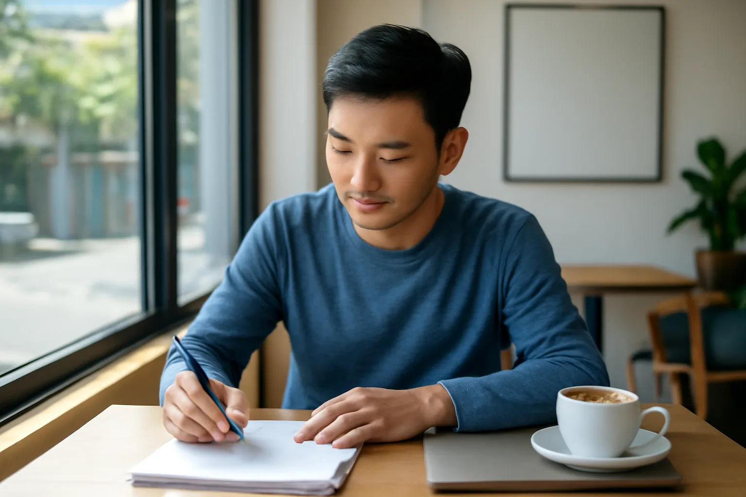 Người làm tự do đọc kỹ bản hợp đồng dịch vụ trên bàn cà phê trước khi ký