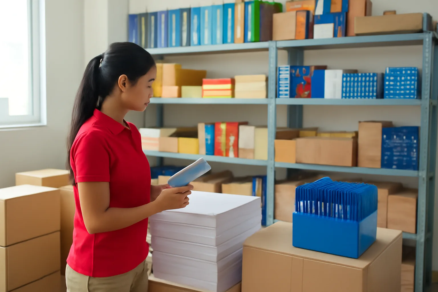 Nhân viên bán hàng kiểm lại đơn hàng văn phòng phẩm trước khi lập hoá đơn