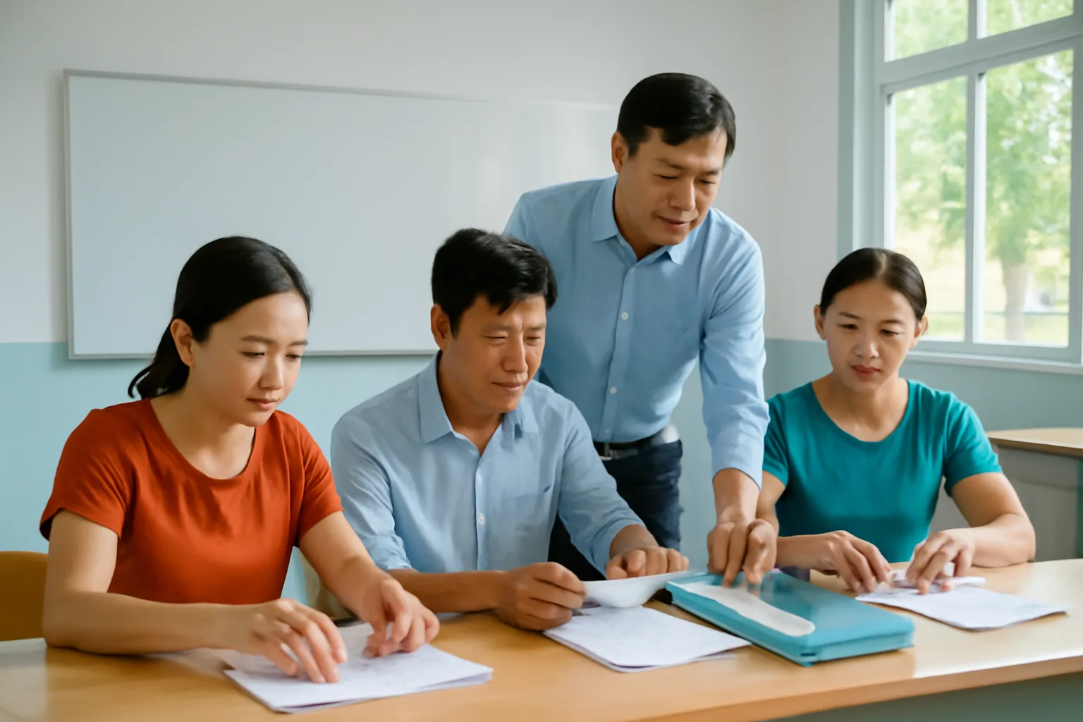 Học viên lớp kế toán luyện lập tờ khai thuế từ một xấp hoá đơn mẫu