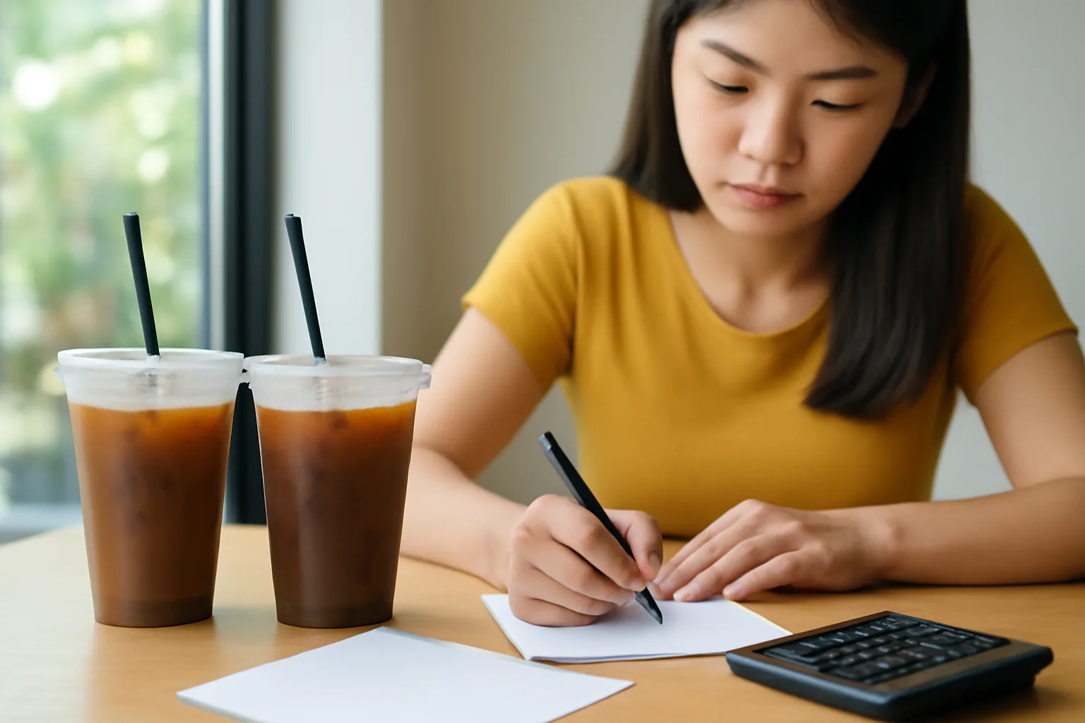 Học viên đặt hai ly cà phê và máy tính bỏ túi lên bàn để luyện tính thuế