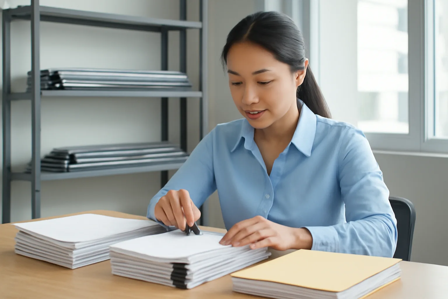 Kế toán xếp hồ sơ giao nhận hàng và chứng từ ngân hàng thành từng bộ trên bàn họp