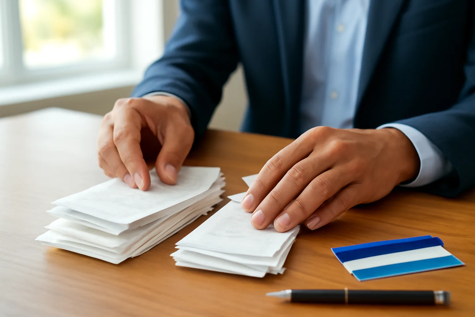 Kế toán và chủ doanh nghiệp ngồi đối diện, giữa bàn là thẻ thanh toán và xấp hoá đơn đã tách thành hai chồng