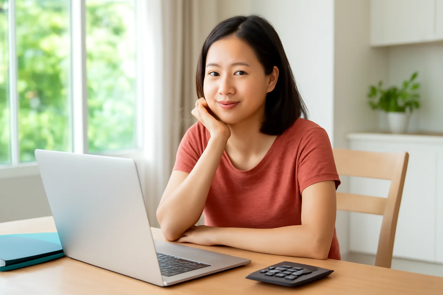 Người lao động tự làm quyết toán thuế trên máy tính tại bàn học ở nhà buổi tối
