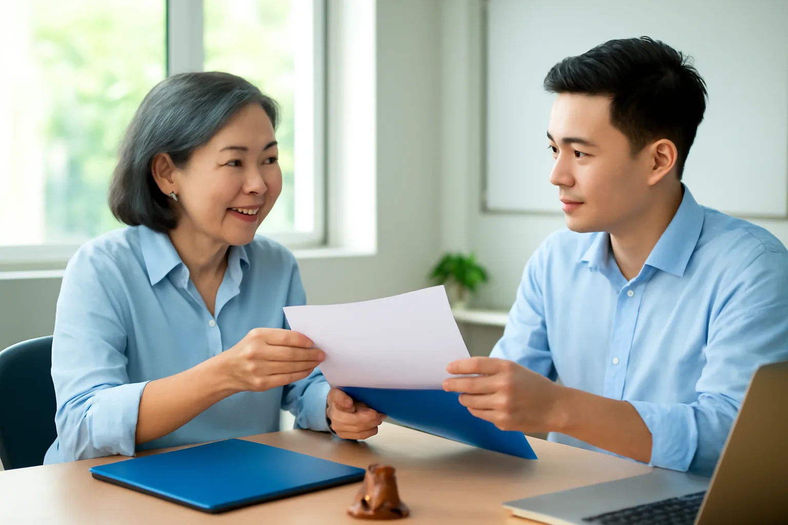 Người hướng dẫn và học viên cùng theo dõi đường đi của một hoá đơn trên bàn làm việc