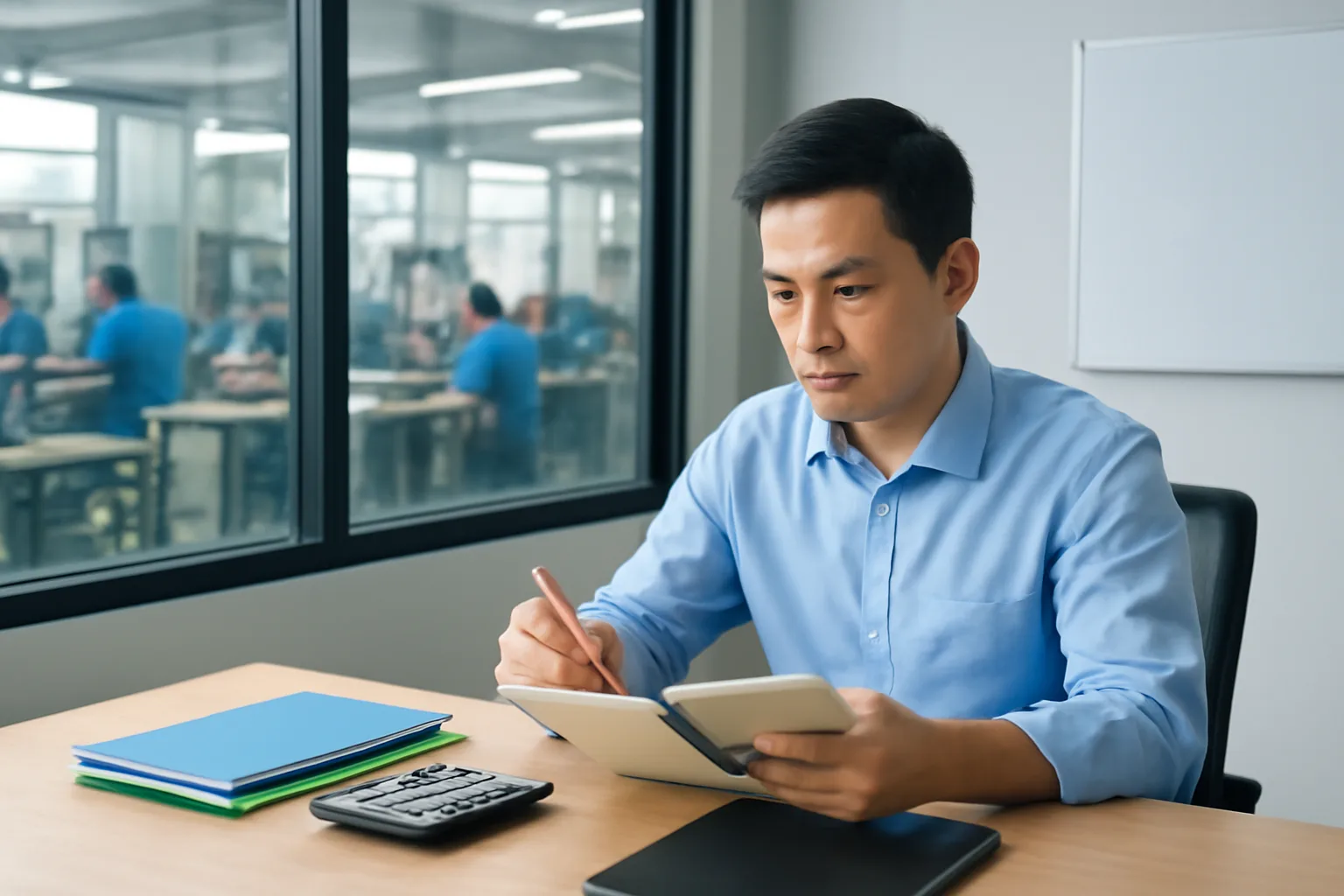 Kế toán nhà xưởng nhỏ rà bảng tính quyết toán bên cửa sổ văn phòng cạnh khu sản xuất