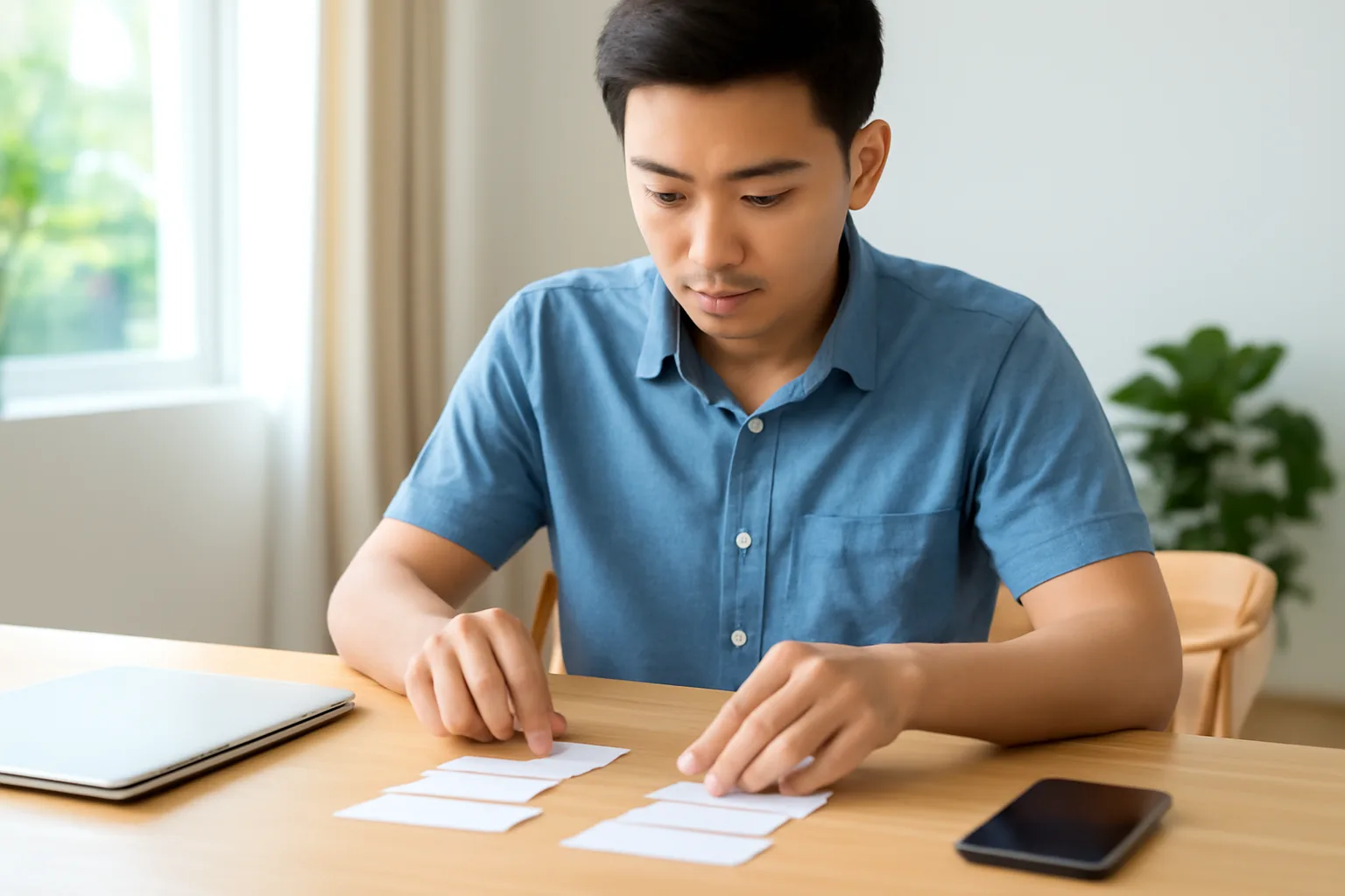 Người đi làm trẻ xếp chứng từ khấu trừ thuế trên bàn ăn ở nhà trước khi quyết toán