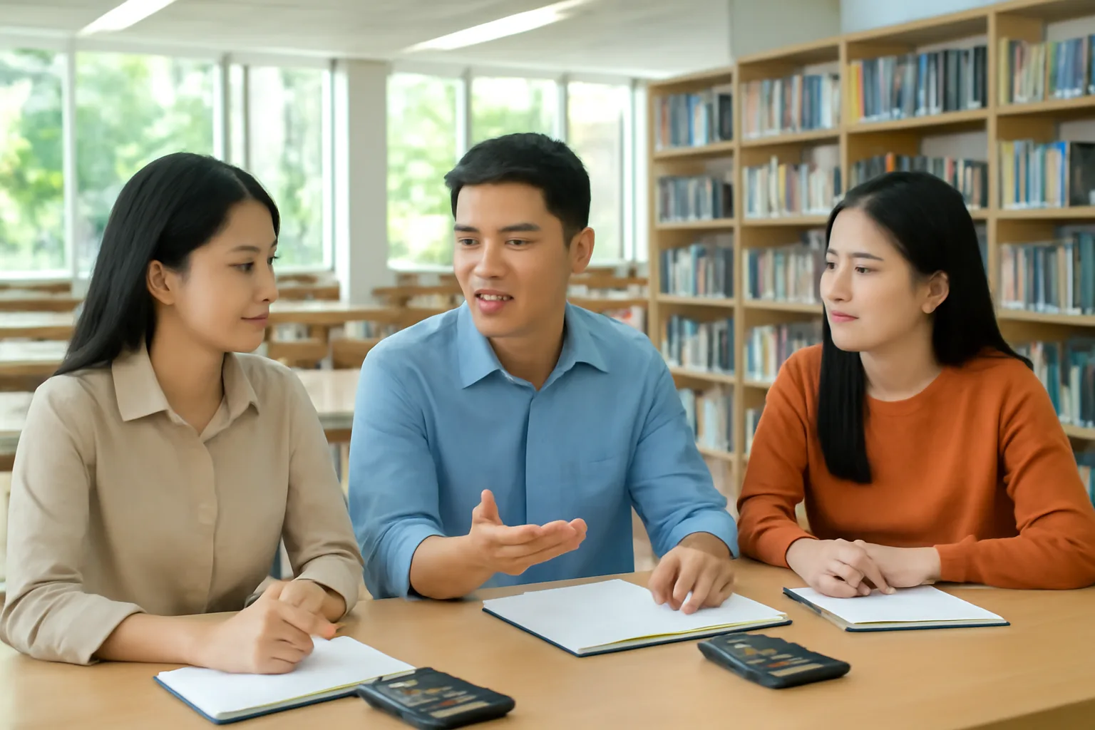 Nhóm bạn trẻ cùng bấm máy tính bỏ túi tự tính thuế lương trong thư viện